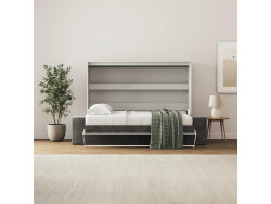SMARTBett 140x200 Murphy  Bed Horizontal M2 (Depth 55cm) Pearl  Grey withl. SOFA Anthracite Armrests 11 cm