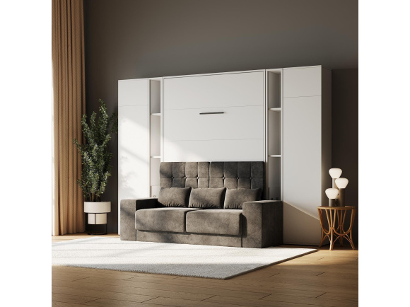 SMARTBett SET Schrankbett M1 140x200 Weiss mit Sofa – inkl. Regale & Hochschränke Weiss