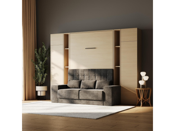 SMARTBett SET Murphy Bed M1 180x200 Kaiserberg Oak  incl. Shelves & Tall Cabinets with Sofa Anthracite