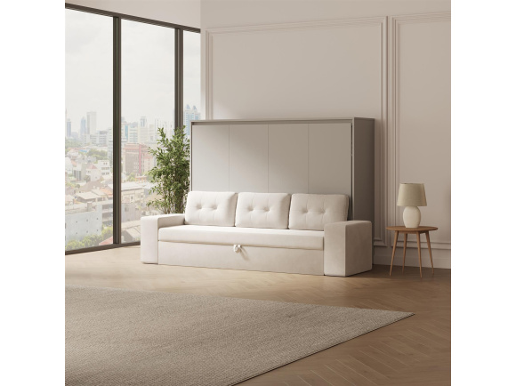 SMARTBett Schrankbett mit Sofa (M2 55cm Tiefe) 160x200 Horizontal Perlgrau Sandgrau Armlehnen 26 cm