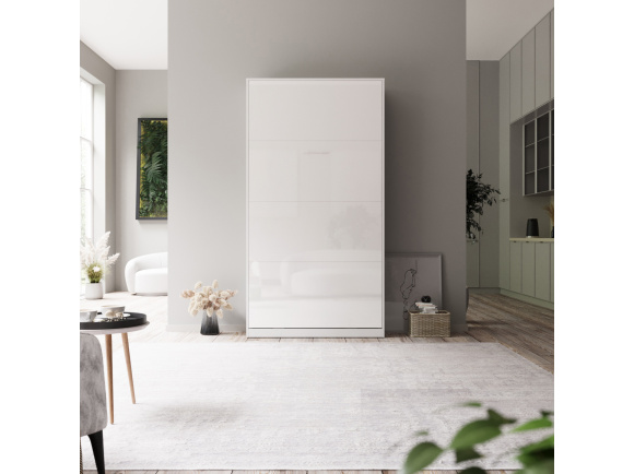 SMARTBett Classic Murphy Bed 100x200cm Vertical White /White  High Gloss  Folding Wall Bed