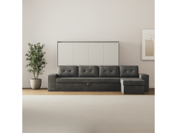 SMARTBett Schrankbett 140x200 Horizontal M2 (Tiefe 55cm) Perlgrau mit Ecksofa Anthrazit