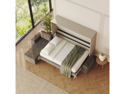 SMARTBett Schrankbett 140x200 Horizontal M2 (Tiefe 55cm) Perlgrau mit Ecksofa Anthrazit