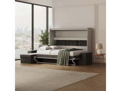 SMARTBett Schrankbett 140x200 Horizontal M2 (Tiefe 55cm) Perlgrau mit Ecksofa Anthrazit