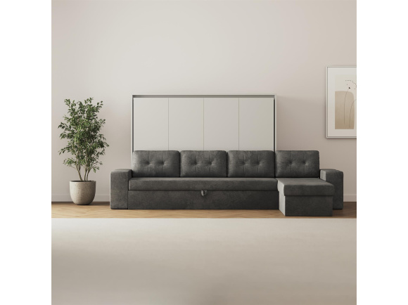 SMARTBett Murphy Bed 140x200 Horizontal M2 (Depth 55cm) Pearl grey with Corner Sofa Anthracite Armrest 11 cm