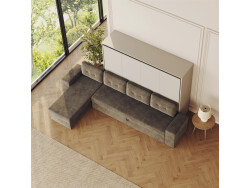 SMARTBett Murphy Bed 140x200 Horizontal M2 (Depth 55cm) Pearl grey with Corner Sofa Anthracite Armrest 11 cm