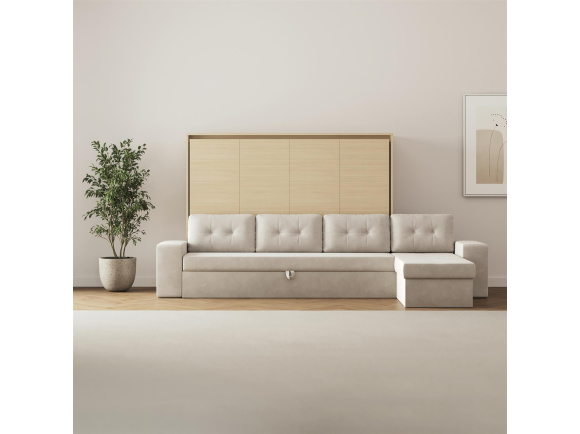 SMARTBett Schrankbett 140x200 Horizontal M2 (Tiefe 55cm) Kaiserberg Eiche mit Ecksofa Sandgrau | Armlehnen 11 cm