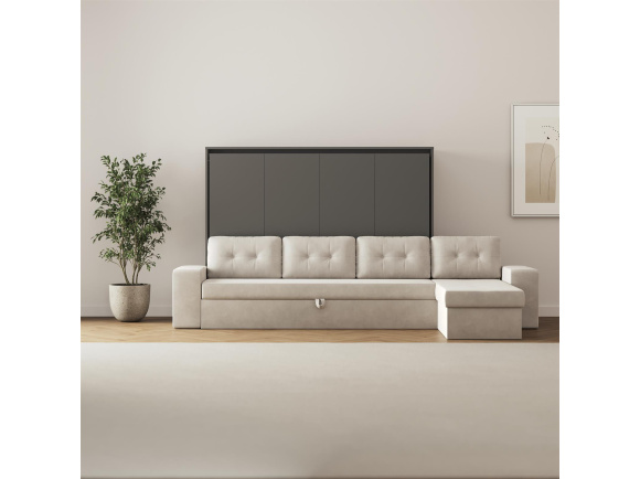 SMARTBett Schrankbett 160x200 Horizontal M2 (Tiefe 55cm) Anthrazit mit Ecksofa Sandgrau Armlehnen 26 cm