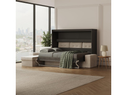 SMARTBett Schrankbett 160x200 Horizontal M2 (Tiefe 55cm) Anthrazit mit Ecksofa Sandgrau Armlehnen 26 cm