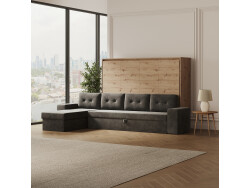 SMARTBett Murphy Bed 160x200 Horizontal M2 (Depth 55cm) Wild Oak with Corner Sofa Anthracite Armrest 11 cm
