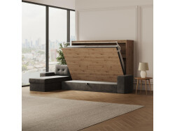 SMARTBett Schrankbett 160x200 Horizontal M2 (Tiefe 55cm) Wildeiche mit Ecksofa Anthrazit Armlehnen 26 cm