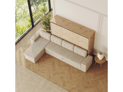 SMARTBett Schrankbett 160x200 Horizontal M2 (Tiefe 55cm) Wildeiche mit Ecksofa Sandgrau Armlehnen 26 cm