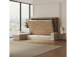 SMARTBett Schrankbett 160x200 Horizontal M2 (Tiefe 55cm) Wildeiche mit Ecksofa Sandgrau Armlehnen 26 cm