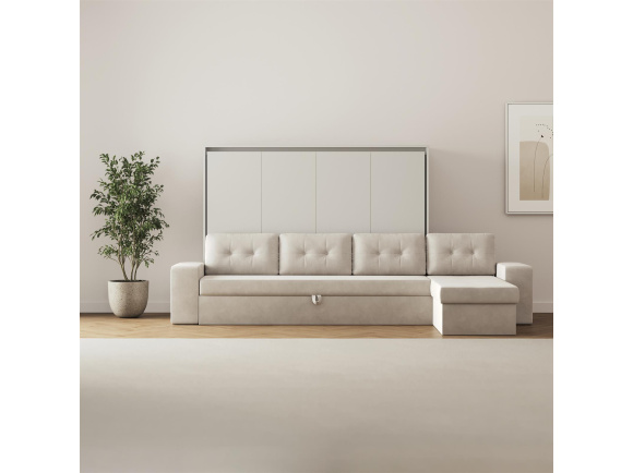 SMARTBett Schrankbett mit Ecksofa 160x200 Horizontal M2 (Tiefe 55cm) Perlgrau Sandgrau Armlehnen 26 cm mit Schubladen