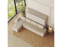SMARTBett Schrankbett mit Ecksofa 160x200 Horizontal M2 (Tiefe 55cm) Perlgrau Sandgrau Armlehnen 26 cm mit Schubladen