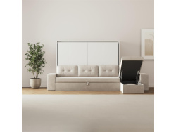 SMARTBett Murphy Bed with Corner Sofa160x200 Horizontal M2 (Depth 55cm) White with corner sofa Sand grey Armrest 11 cm