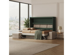 SMARTBett Schrankbett 160x200 Steingrün Horizontal M2 (Tiefe 55cm)  mit Ecksofa Sandgrau