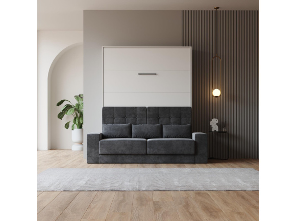 SMARTBett Schrankbett M1 160x200 Vertikal Weiss mit SOFA Anthrazit Armlehnen 26 cm mit Stauraum