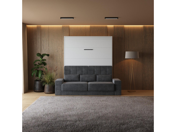 Murphy bed with sofa M1 160x200 Vertical  White/White Gloss Armrests 26 cm wide with storage space