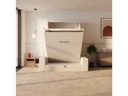 SMARTBett Wall Bed M3 140x200 Vertical White with Sofa Sand grey Armrests 26 cm with storage space
