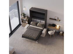 SMARTBett Schrankbett M3 140x200 Vertikal Anthrazit mit Sofa Sandgrau Armlehnen 26 cm mit Stauraum