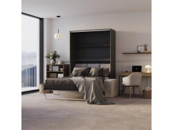 SMARTBett Schrankbett M3 140x200 Vertikal Anthrazit mit Sofa Sandgrau Armlehnen 26 cm mit Stauraum