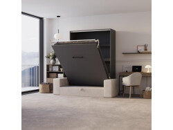 SMARTBett Schrankbett M3 140x200 Vertikal Anthrazit mit Sofa Sandgrau Armlehnen 26 cm mit Stauraum