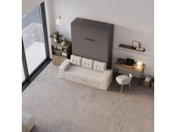 SMARTBett Schrankbett M3 140x200 Vertikal Anthrazit mit Sofa Sandgrau Armlehnen 26 cm mit Stauraum