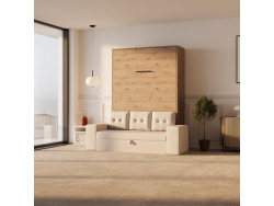 SMARTBett Schrankbett M3 140x200 Vertikal Wildeiche mit Sofa Sandgrau