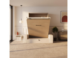 SMARTBett Wall Bed M3 140x200 Vertical Kaiserberg Oak with Sofa Sand grey with Armrest 11 cm