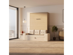 SMARTBett Wall Bed M3 140x200 Vertical Kaiserberg Oak with Sofa Sand grey with Armrest 26 cm