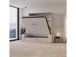 Schrankbett M3 180x200 (Tiefe 55cm) Vertikal Weiss inkl.SOFA  Sandgrau