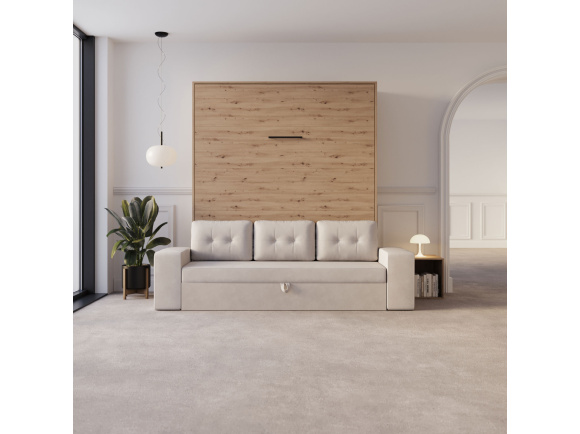 Schrankbett M3 180x200 (Tiefe 55cm) Vertikal Wildeiche inkl.SOFA Sandgrau