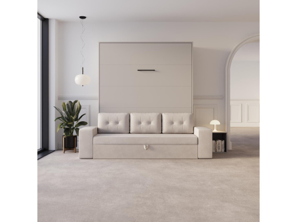 Schrankbett M3 160x200 (Tiefe 55cm) Vertikal Perlgrau inkl.SOFA Sandgrau mit Armlehnen 11 cm Breite