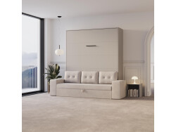 Schrankbett M3 160x200 (Tiefe 55cm) Vertikal Perlgrau inkl.SOFA Sandgrau Armlehnen 26 cm mit Stauraum
