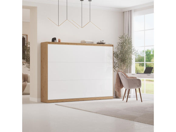 AKTION! NEU!!! SMARTBett Schrankbett Classic 160x200cm Horizontal Wildeiche  mit Weiss Hochglanzfront