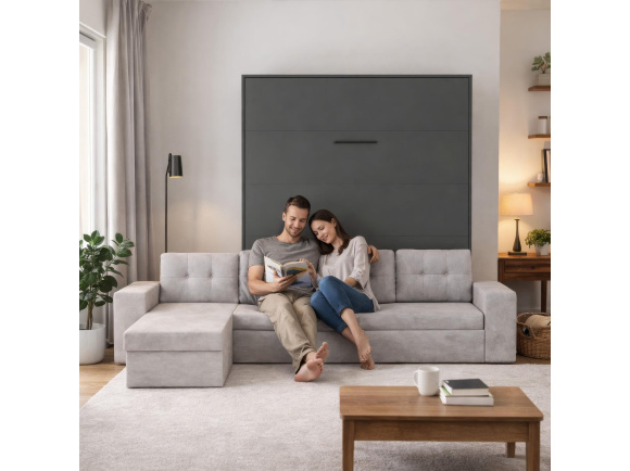 SMARTBett Schrankbett M3 (Tiefe 55cm) Vertikal 180x200 Anthrazit inkl. L-Ecksofa Sandgrau