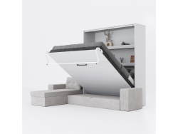 SMARTBett wall bed M3 (depth 55cm) vertical 180x200 White incl. L-shaped corner sofa sand grey