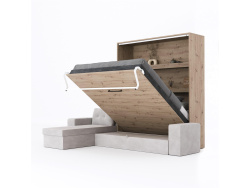 SMARTBett wall bed M3 (depth 55cm) vertical 180x200 Wild Oak incl. L-shaped corner sofa sand grey