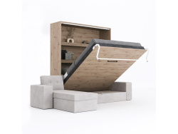 SMARTBett wall bed M3 (depth 55cm) vertical 180x200 Wild Oak incl. L-shaped corner sofa sand grey