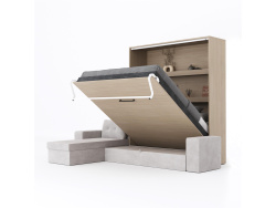 SMARTBett Schrankbett M3 (Tiefe 55cm) Vertikal 180x200 Kaiser Eiche inkl. L-Ecksofa Sandgrau