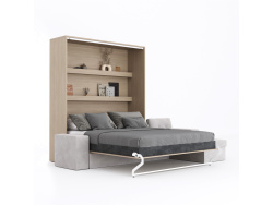 SMARTBett Schrankbett M3 (Tiefe 55cm) Vertikal 180x200 Kaiser Eiche inkl. L-Ecksofa Sandgrau mit Armlehnen 11cm