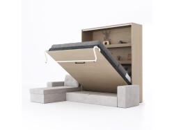 SMARTBett Schrankbett M3 (Tiefe 55cm) Vertikal 180x200 Kaiser Eiche inkl. L-Ecksofa Sandgrau mit Armlehnen 11cm