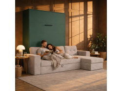 SMARTBett Schrankbett M3 (Tiefe 55cm) Vertikal 180x200 Steingrün inkl. L-Ecksofa Sandgrau