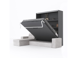 SMARTBett Murphy bed M3 (depth 55cm) vertical 160x200 anthracite incl. L-shaped corner sofa sand grey