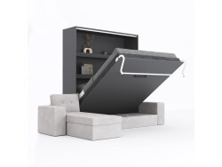 SMARTBett Murphy bed M3 (depth 55cm) vertical 160x200 anthracite incl. L-shaped corner sofa sand grey