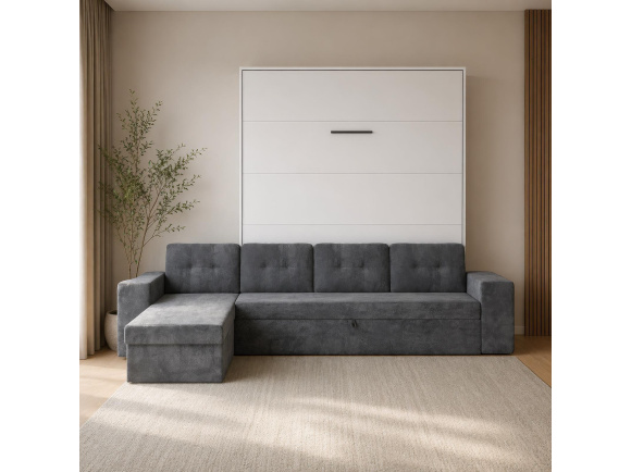 SMARTBett wall bed M3 (depth 55cm) vertical 160x200 white incl. L-shaped corner sofa anthracite