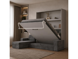 SMARTBett Schrankbett M3 (Tiefe 55cm) Vertikal 180x200 Perlgrau inkl. L-Ecksofa Anthrazit mit Armlehnen 26cm