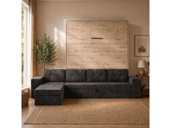SMARTBett Schrankbett M3 (Tiefe 55cm) Vertikal 180x200 Wildeiche inkl. L-Ecksofa Anthrazit