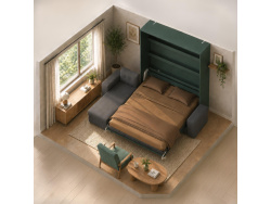 SMARTBett wall bed M3 (depth 55cm) vertical 180x200 stone green incl. L-shaped corner sofa anthracite